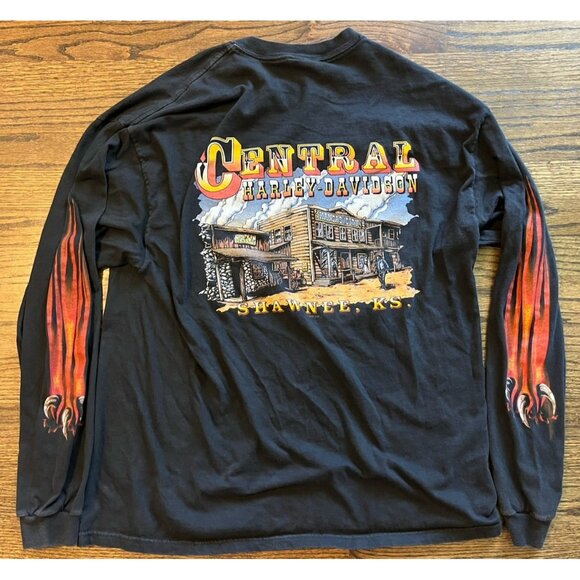 Vtg 2001 Central Harley-Davidson Shawnee, KS Flame Logo Long Sleeve T Shirt Sz L - Picture 2 of 13